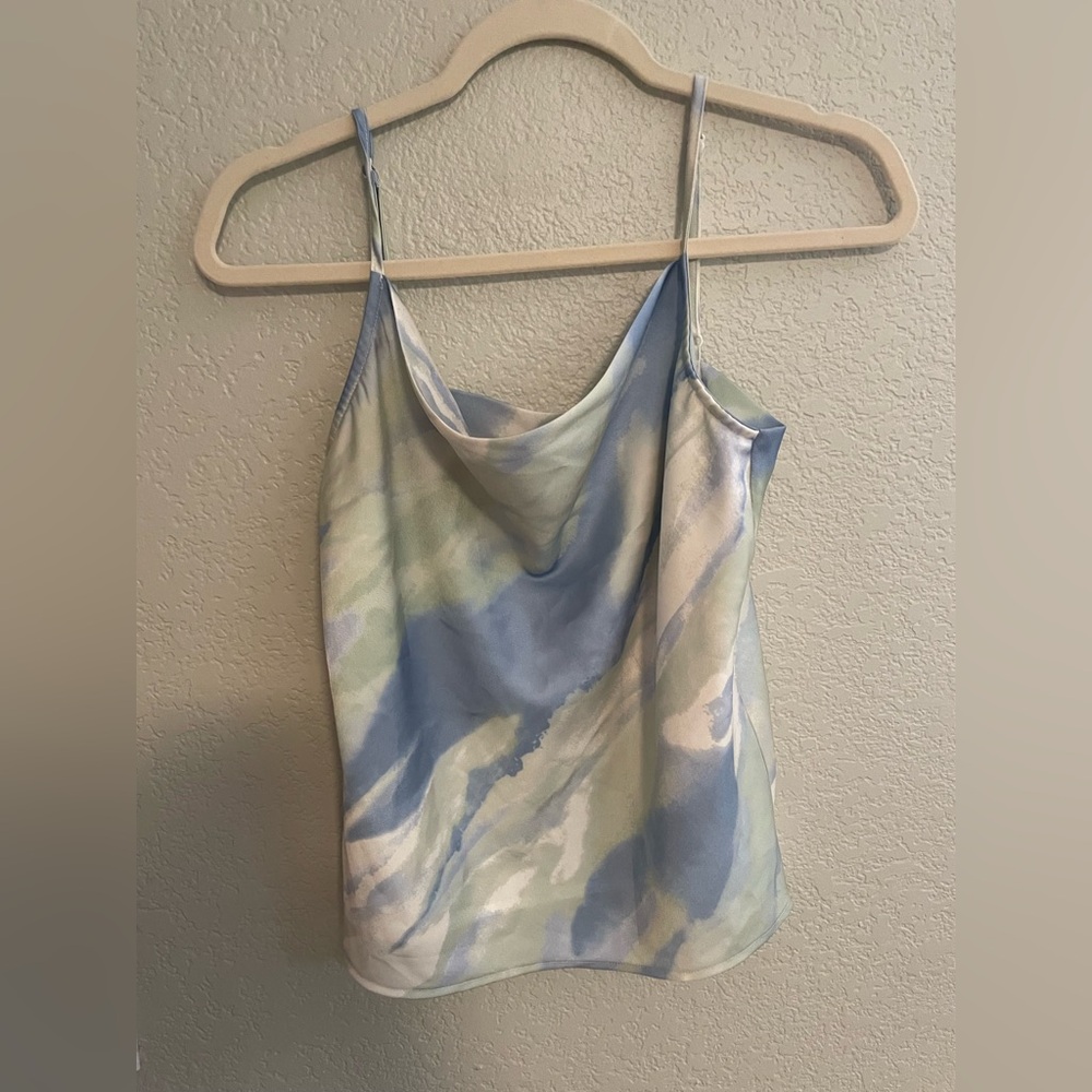 Blue and green silk cowl neck top